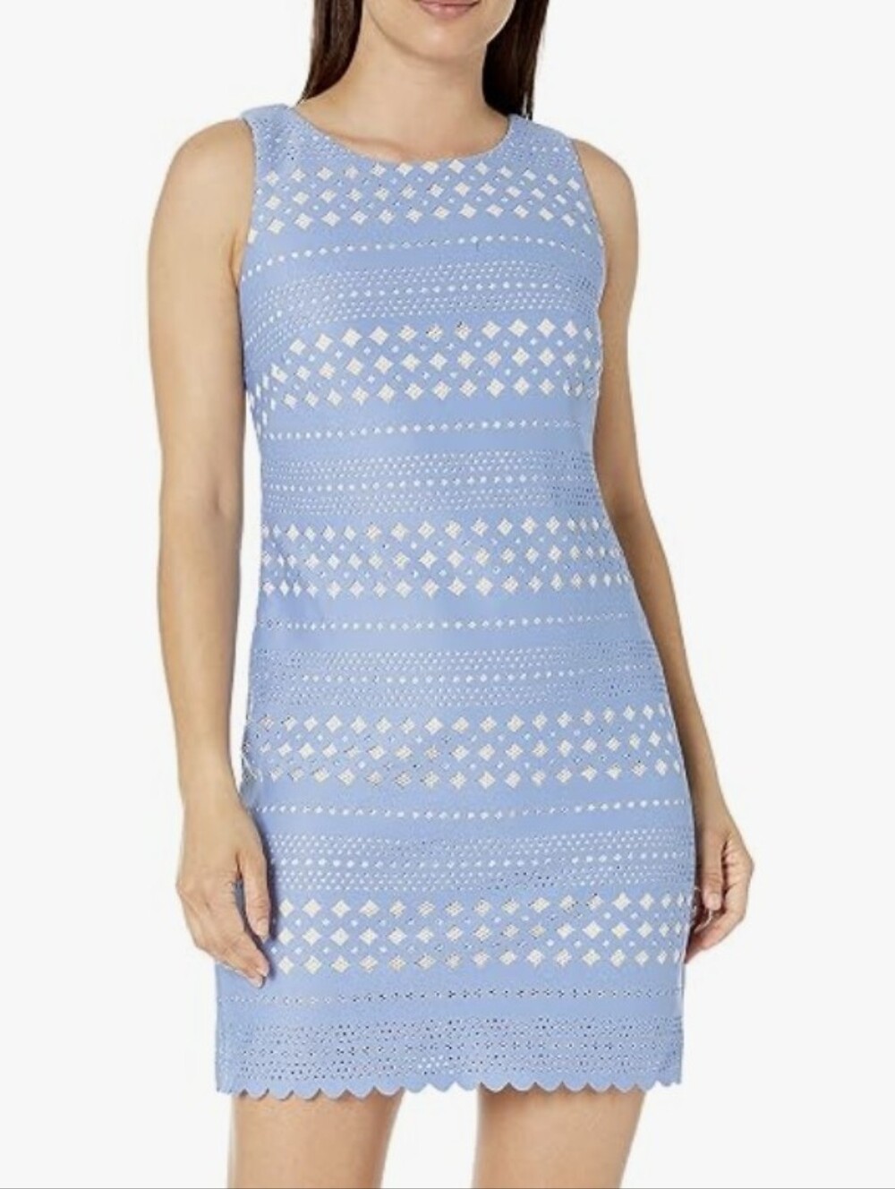 Eliza J Periwinkle Blue / Tan Laser-Cut Sleeveless Scalloped Hem Shift Dress - 8